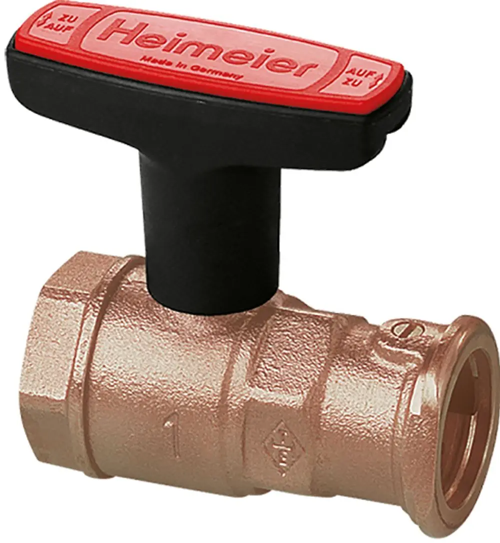 Kugelhahn aus Rotguss mit schwarzem Griff. Der Griff zeigt die Öffnungsrichtung. Produkt von IMI Hydronic Engineering, geeignet für die regulierte Durchflusskontrolle.